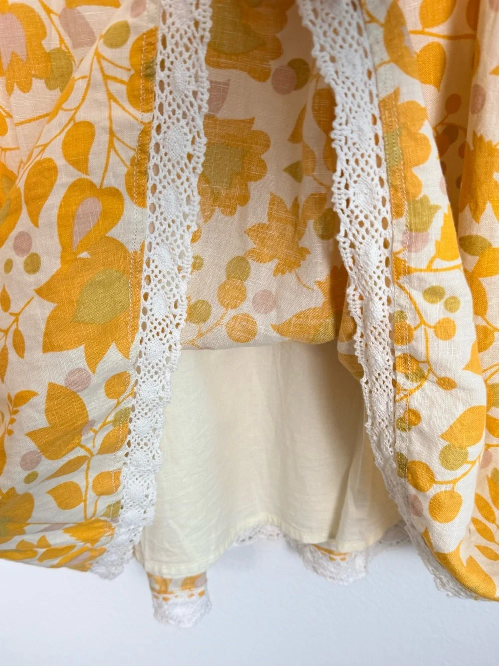 Boden Yellow Floral Print Linen Dress Lace Trim Hem Short Sleeve Fit & Flare 12R